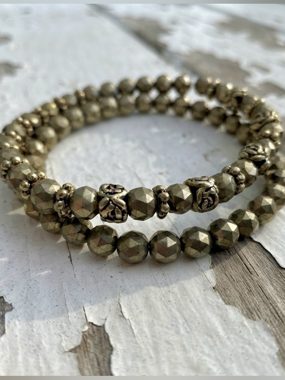 Faceted Hematite Bead Stretch Bracelet Duo in Antique Gold